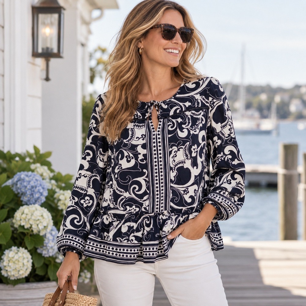 Crown & Ivy Peasant Blouse Midnight Garden II Floral Navy White Women's L NWT